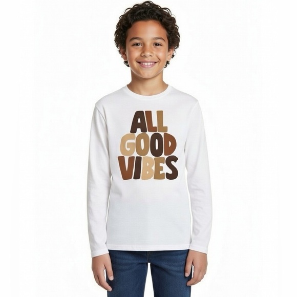 Place Other - White Long Sleeve Tee with 'All Good Vibes' Print unisex sz 10/12
